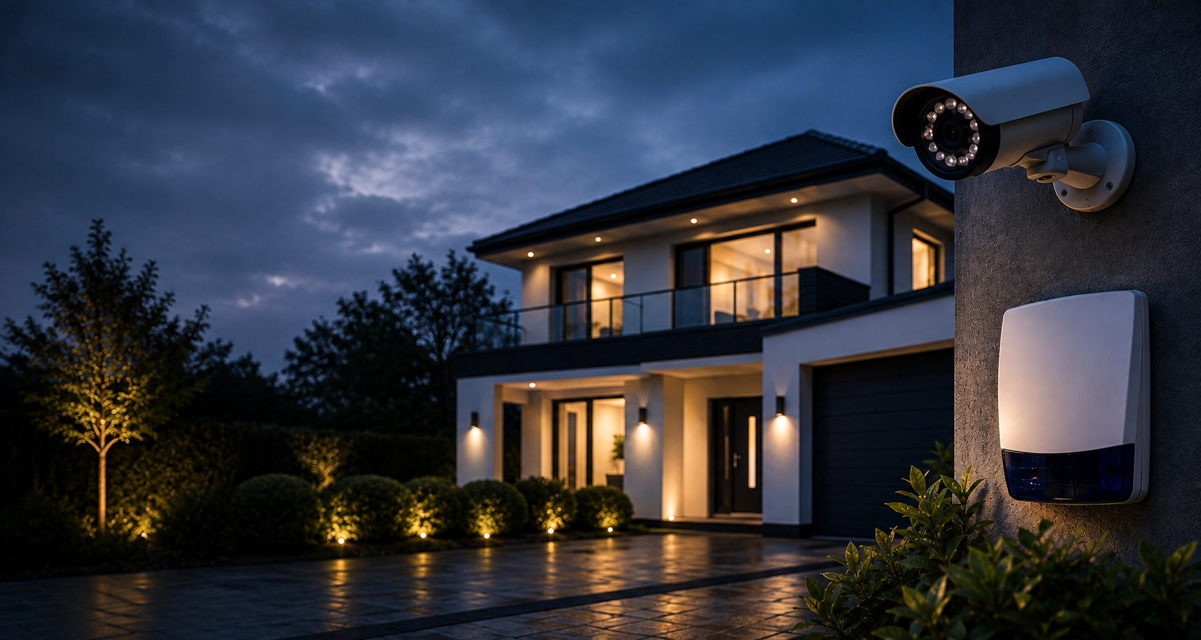 Secure family home at dusk with CCTV camera and alarm box
